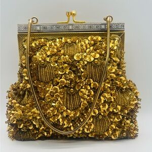 Vintage 1980s Gold Sequin Beaded Evening Bag with Chain Strap